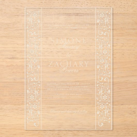 Chic Formal Ecru Scrollwork Border Wedding アクリル招待状 (正面)