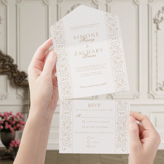 Chic Formal Ecru Scrollwork Border Wedding オールインワン招待状