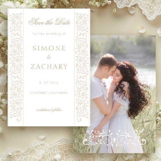 Chic Formal Ecru Scrollwork Border Wedding セーブザデート