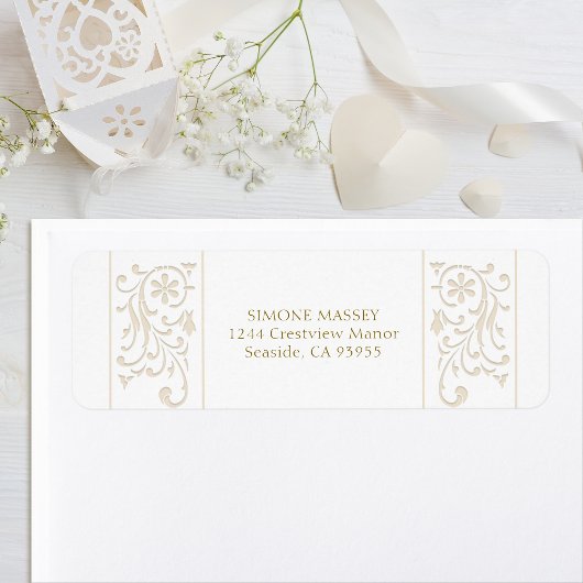 Chic Formal Ecru Scrollwork Border Wedding ラベル