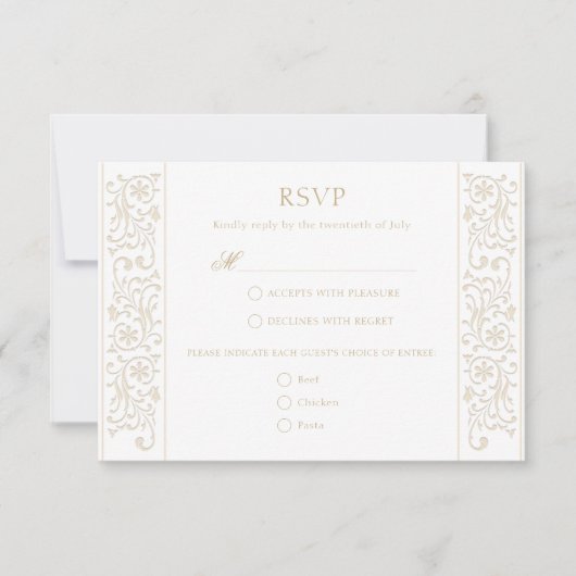 Chic Formal Ecru Scrollwork Border Wedding 出欠カード (正面)