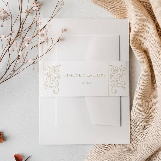 Chic Formal Ecru Scrollwork Border Wedding 招待状ベリーバンド