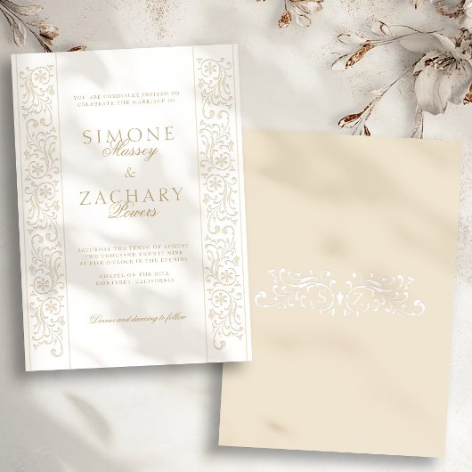 Chic Formal Ecru Scrollwork Border Wedding 招待状