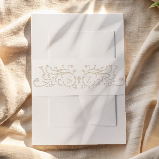Chic Formal Ecru Scrollwork Monogram Wedding 招待状ベリーバンド