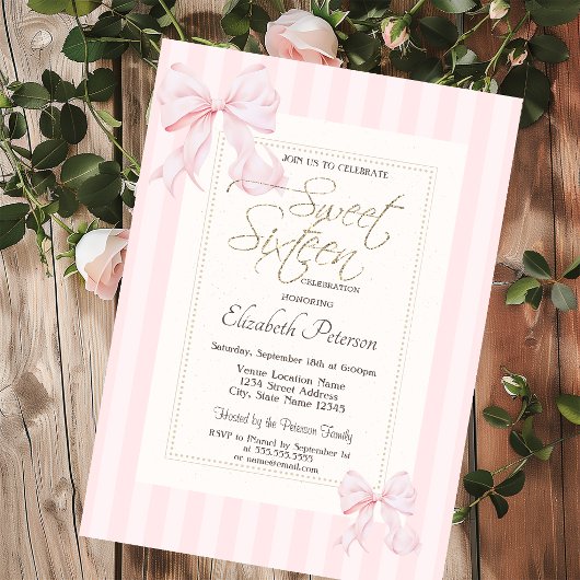 Chic Frame Pink Bow Striped Sweet 16 招待状