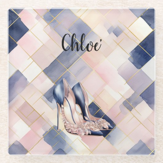 Chic French Blue Cream Blush High Heels ガラスコースター (正面)