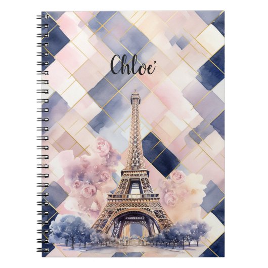 Chic French Blue Pink Eiffel Tower ノートブック (正面)