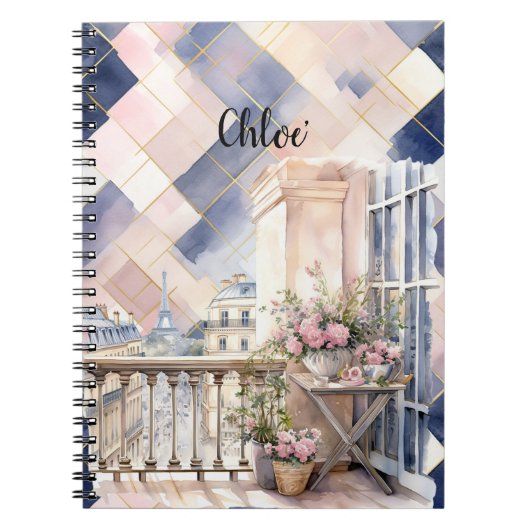 Chic French Blue Pink Paris Eiffel Tower ノートブック (正面)