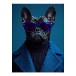 Chic French Bulldog Portrait in Deep Blue and Viol ポスター