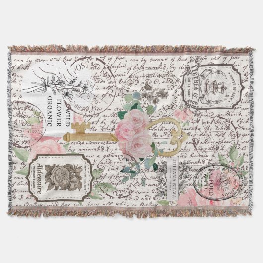 Chic French lettering Vintage key Logo Stamps スローブランケット (正面)