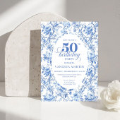 Chic French Toile de Jouy Blue Roses 50th Birthday 招待状