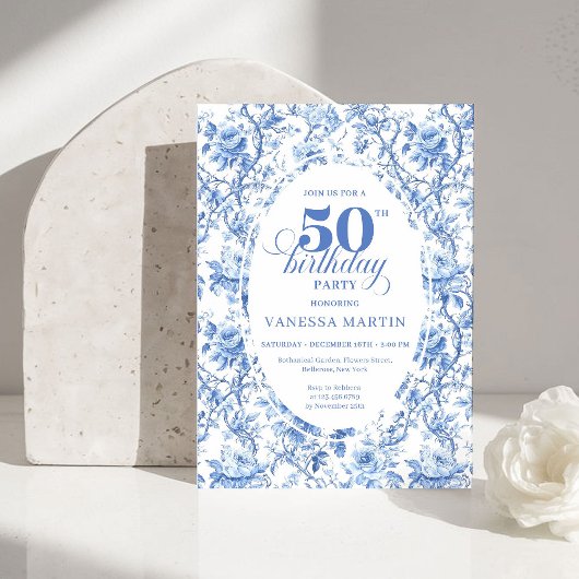 Chic French Toile de Jouy Blue Roses 50th Birthday 招待状