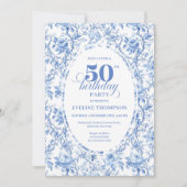 Chic French Toile de Jouy Blue Roses 50th Birthday 招待状 (正面)
