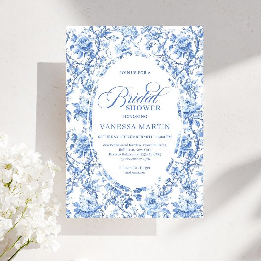 Chic French Toile de Jouy Blue Roses Bridal Shower 招待状