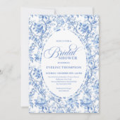 Chic French Toile de Jouy Blue Roses Bridal Shower 招待状 (正面)