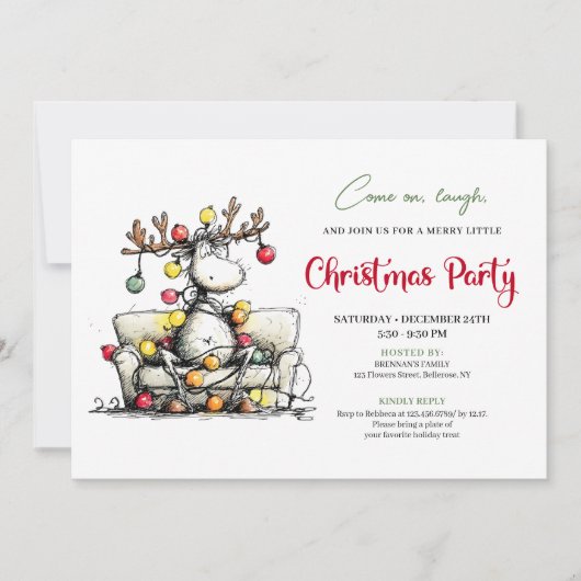 Chic Funny Reindeer Christmas Party Invitation 招待状 (正面)