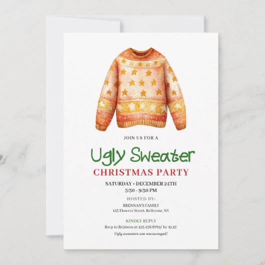 Chic Funny Ugly Sweater Holiday Party Invite 招待状 (正面)