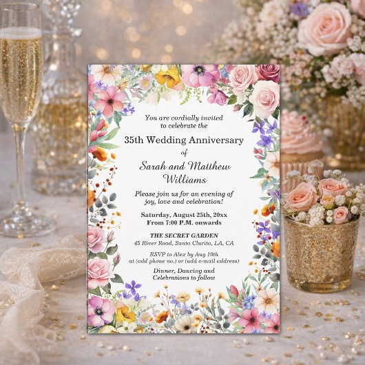 Chic Garden Flowers 35th Wedding Anniversary 招待状