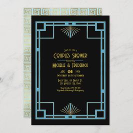 Chic Gatsby Art Deco Blue & Gold Couples Shower 招待状