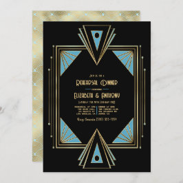 Chic Gatsby Art Deco Blue & Gold Rehearsal Dinner 招待状