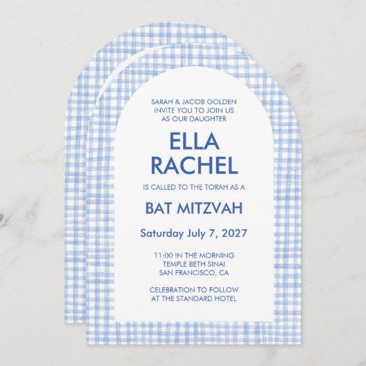 Chic Gingham Modern Custom QR Bat Bar Mitzvah Arch 招待状 (正面/裏面)