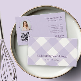 Chic Gingham Purple Bakery QR Photo  名刺