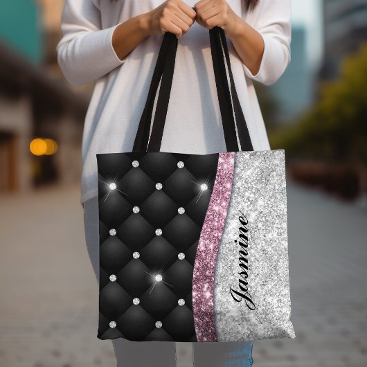 Chic girly faux Silver glitter black pink monogram トートバッグ