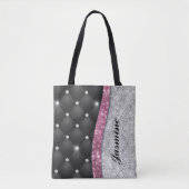 Chic girly faux Silver glitter black pink monogram トートバッグ (正面)
