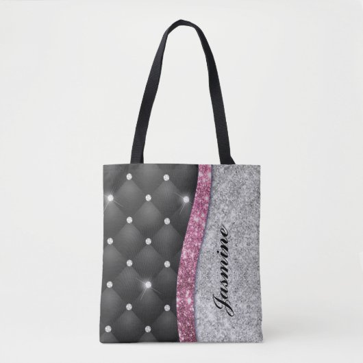 Chic girly faux Silver glitter black pink monogram トートバッグ (正面)