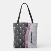 Chic girly faux Silver glitter black pink monogram トートバッグ (裏面)