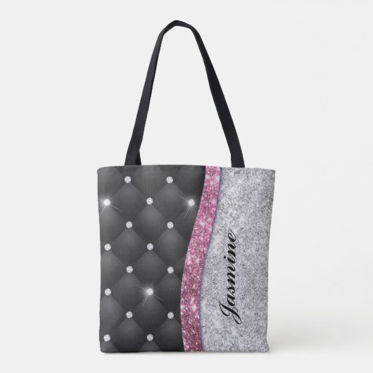 Chic girly faux Silver glitter black pink monogram トートバッグ (裏面)