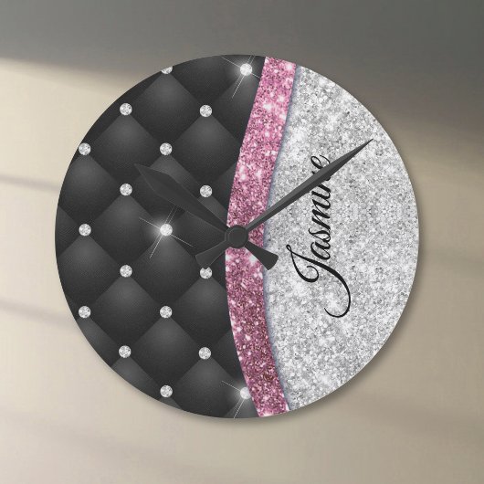 Chic girly faux Silver glitter black pink monogram ラウンド壁時計