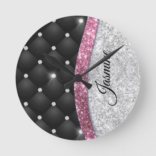 Chic girly faux Silver glitter black pink monogram ラウンド壁時計 (正面)