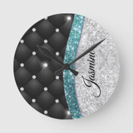 Chic girly faux Silver glitter black teal monogram ラウンド壁時計