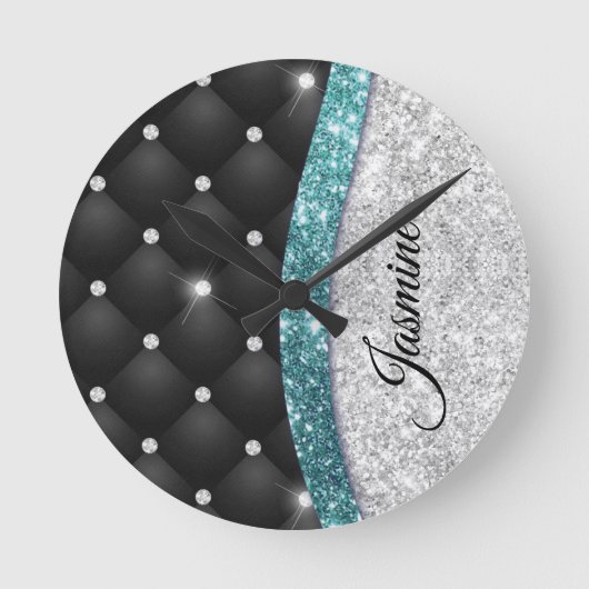 Chic girly faux Silver glitter black teal monogram ラウンド壁時計 (正面)