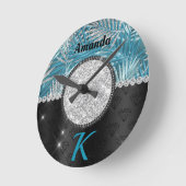 Chic girly turquoise aqua glitter leaves monogram ラウンド壁時計 (傾斜)