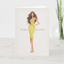 Chic Glam Brunette Woman in Yellow Dress Birthday カード