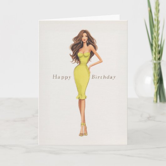 Chic Glam Brunette Woman in Yellow Dress Birthday カード (正面)