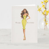 Chic Glam Brunette Woman in Yellow Dress Birthday カード (黄色い花)