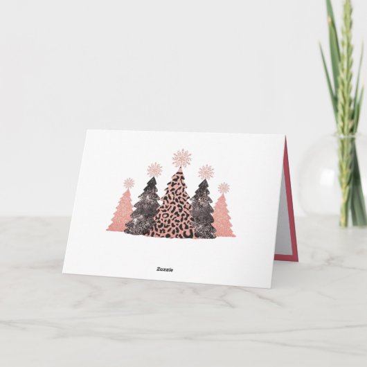 Chic Glitter Christmas Trees Pink Leopard Gray カード (裏面)
