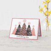 Chic Glitter Christmas Trees Pink Leopard Gray カード (黄色い花)