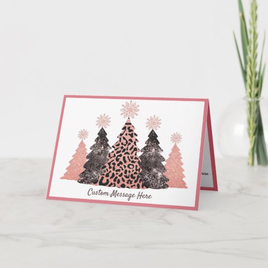Chic Glitter Christmas Trees Pink Leopard Gray カード (正面)
