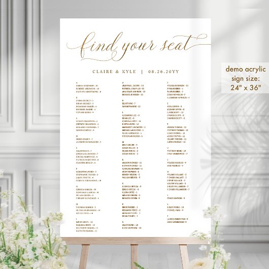 Chic Gold Alphabetical Seating Chart Acrylic Sign  アクリルサイン