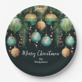 Chic Gold and Green Christmas Tree Ornaments ペーパープレート (正面)