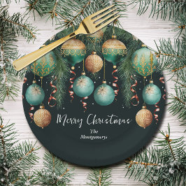 Chic Gold and Green Christmas Tree Ornaments ペーパープレート