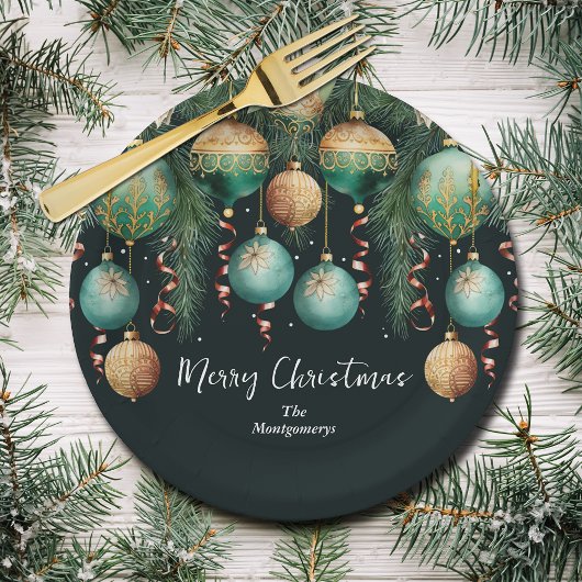 Chic Gold and Green Christmas Tree Ornaments ペーパープレート
