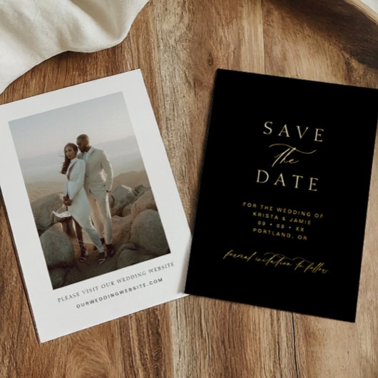 Chic Gold & Black Photo Wedding Save the Date 箔招待状