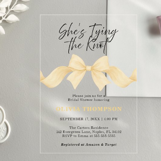 Chic Gold Bow She's Tying the Knot Bridal Shower アクリル招待状