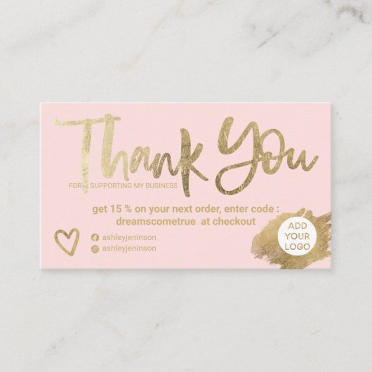 Chic gold brush blush pink chic order thank you 名刺 (正面)