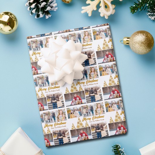 Chic Gold Christmas Tree Family Photo Collage ラッピングペーパーシート